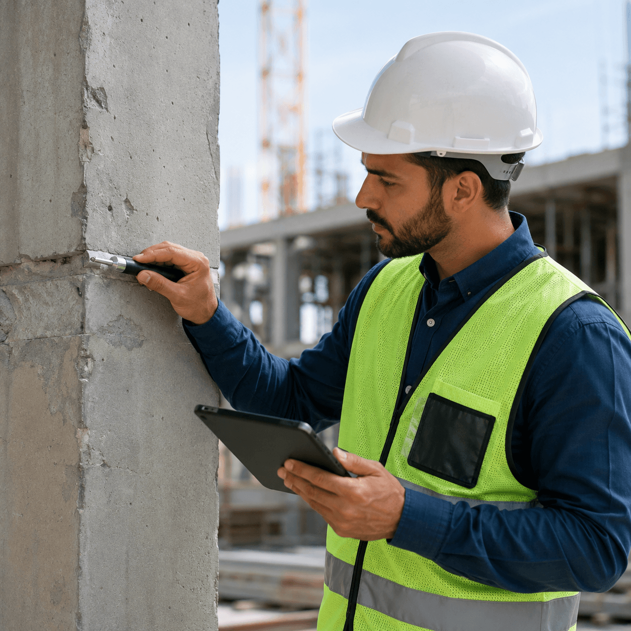 Engenheiro civil realizando perícia e diagnóstico de patologias em estrutura de concreto